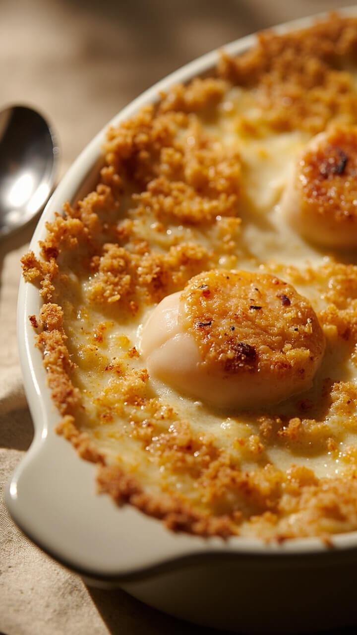 Scallops bathed in a bubbling mozzarella-parmesan topping, flecked with golden breadcrumbs, in a white gratin dish straight from the oven with a spoon nearby.