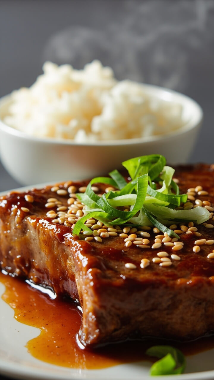A tuna steak lacquered with a shiny caramel-brown glaze, sprinkled with toasted sesame seeds and finely sliced green onions. Served with steamed rice in a neat bowl beside it.