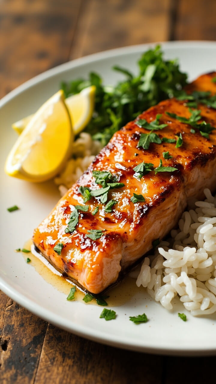 A fillet of salmon glazed with a glossy honey-garlic sauce, nestled on a white ceramic platter. The glaze caramelizes in spots, with fresh parsley scattered on top. Lemon wedges and fluffy jasmine rice are on the side, all on a wood kitchen table.