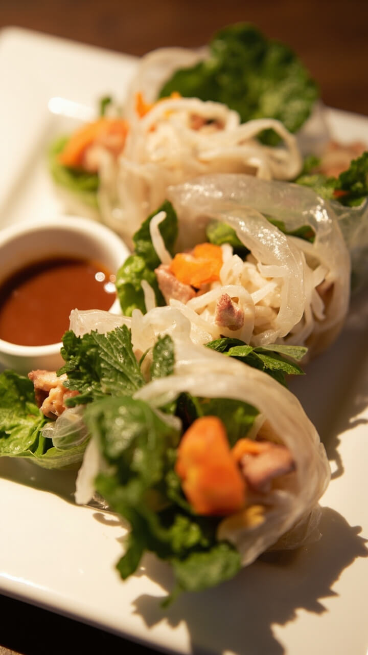 Translucent rice paper rolls stuffed with visible shreds of white and pink crab, bright green mint and cilantro, thin vermicelli noodles, and orange carrot sticks. Served with a small bowl of hoisin-peanut dipping sauce.
