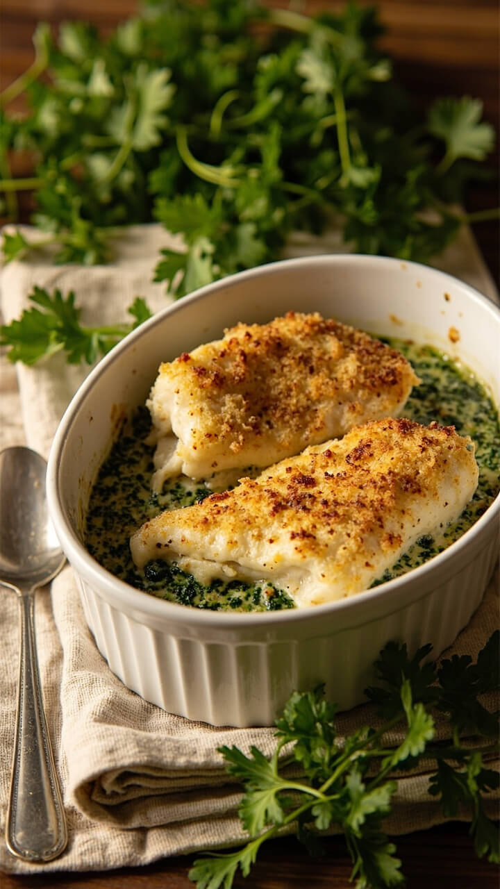 A round baking dish with baked cod fillets under a green layer of creamy spinach, topped with golden brown breadcrumbs. The dish sits on a folded tea towel, with a scattering of parsley and a serving spoon.