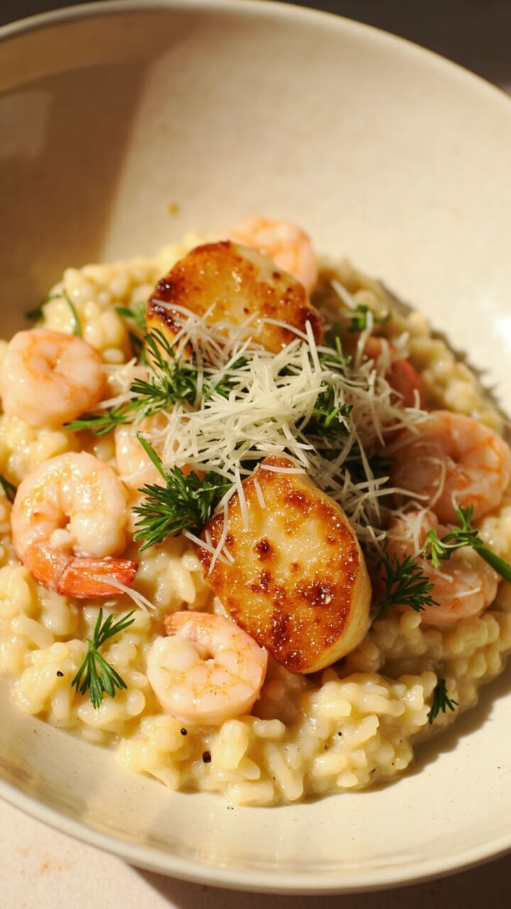 A bowl of creamy risotto dotted with pink shrimp, golden seared scallops, flecks of fresh green parsley and dill, and a sprinkle of grated parmesan on top, served in a wide shallow bowl.