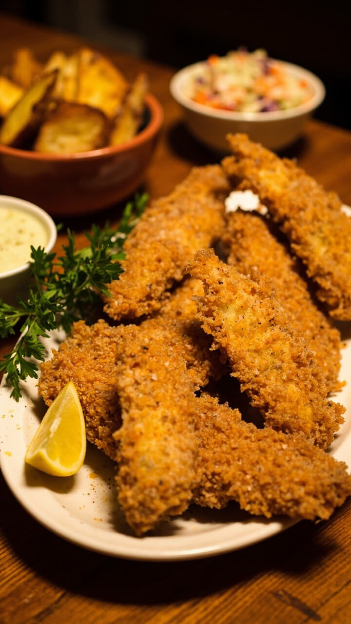 Golden breaded catfish fillets on a rustic white plate, served with lemon wedges and a sprig of parsley. A few thick-cut potato wedges and coleslaw in small side bowls sit next to the main dish, all on a warm wooden table.