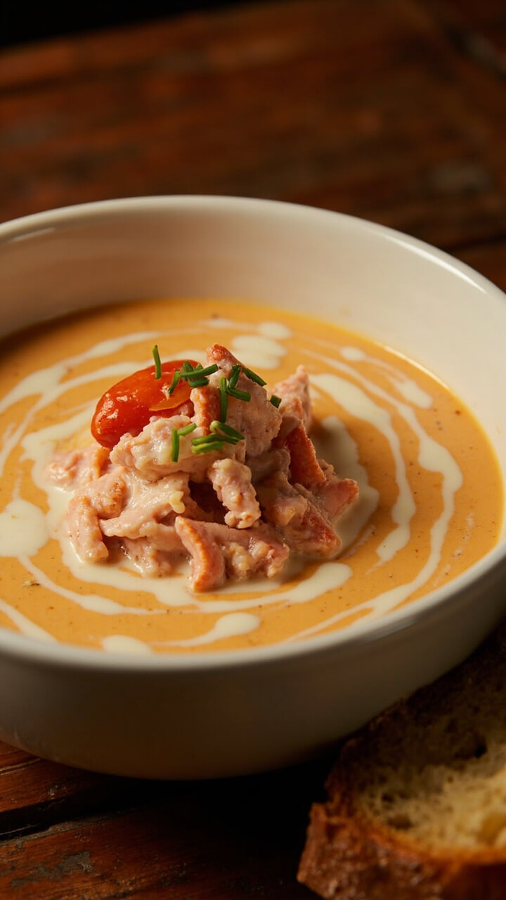 A creamy, pale orange bisque swirled in a deep white bowl, topped with a mound of fresh crab meat and a drizzle of cream. Chopped chives sprinkle the center. The dish sits on a wooden table with a slice of crusty bread nearby. A creamy, pale orange bisque swirled in a deep white bowl, topped with a mound of fresh crab meat and a drizzle of cream. Chopped chives sprinkle the center. The dish sits on a wooden table with a slice of crusty bread nearby.