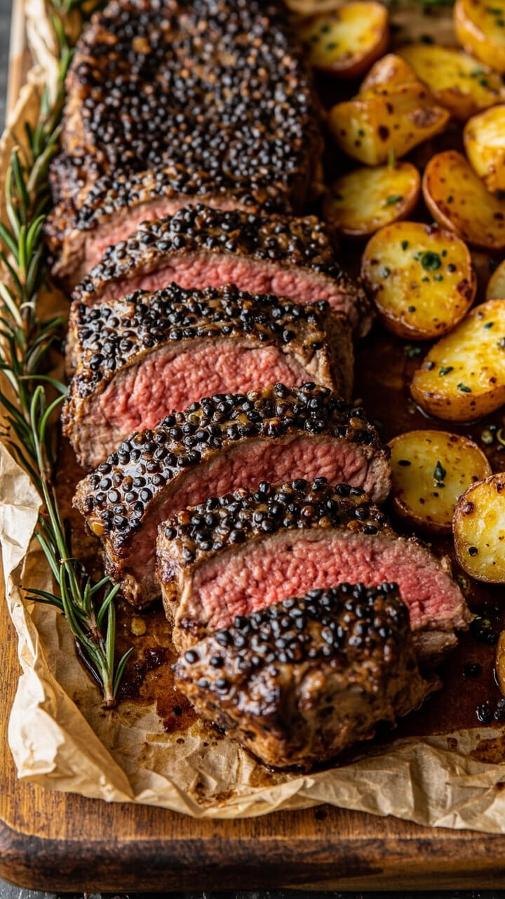 Slices of sirloin topped with a crushed black peppercorn crust, laid on a tray with golden roasted potato chunks speckled with chopped rosemary, all served on a parchment-lined baking sheet. Slices of sirloin topped with a crushed black peppercorn crust, laid on a tray with golden roasted potato chunks speckled with chopped rosemary, all served on a parchment-lined baking sheet.