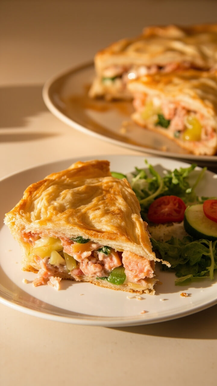 A slice of golden, flaky puff pastry pie filled with pink chunks of salmon and creamy leeks, served on a ceramic plate with a simple salad. A slice of golden, flaky puff pastry pie filled with pink chunks of salmon and creamy leeks, served on a ceramic plate with a simple salad.