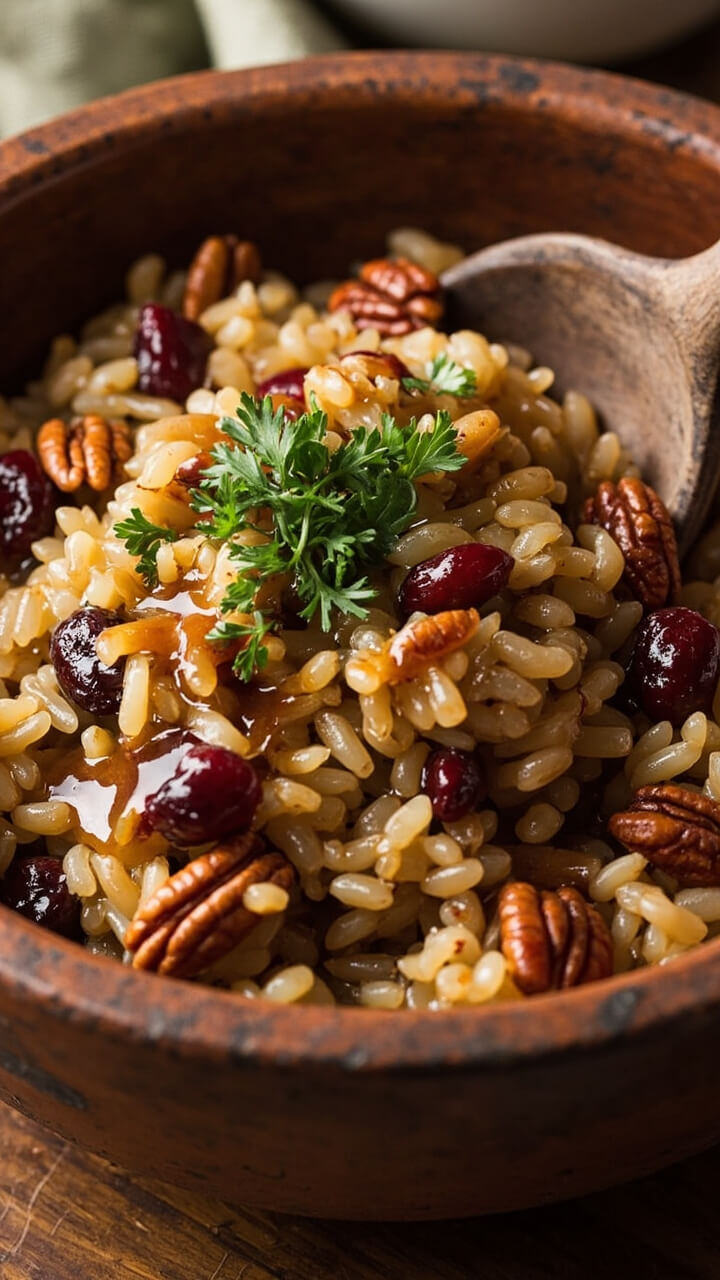 A handmade pottery bowl filled with fluffy brown rice, jewel-bright dried cranberries, toasted pecans, and a gloss from a maple glaze. Garnished with a bit of fresh parsley. Wooden serving spoon nestled in the bowl.