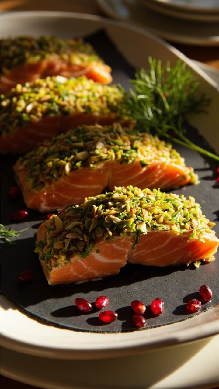 Individual salmon fillets encrusted with green chopped pistachios, arranged on a slate platter with pomegranate seeds scattered and a few dill sprigs for color. Clean white plate beneath highlights the vibrant hues. Individual salmon fillets encrusted with green chopped pistachios, arranged on a slate platter with pomegranate seeds scattered and a few dill sprigs for color. Clean white plate beneath highlights the vibrant hues.