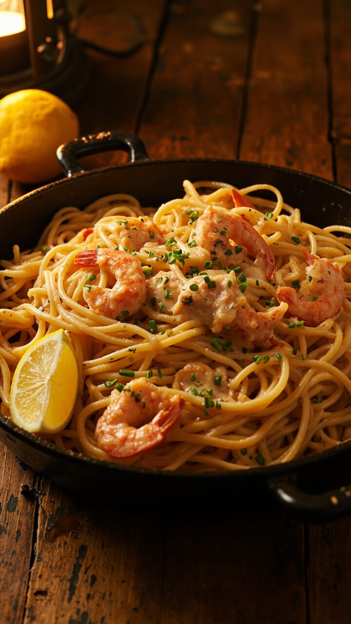 A deep skillet filled with creamy twisted noodles and glistening seafood, a sprinkle of chopped chives, and a squeeze of lemon. The dish is served straight from the pan at the center of a casual table.