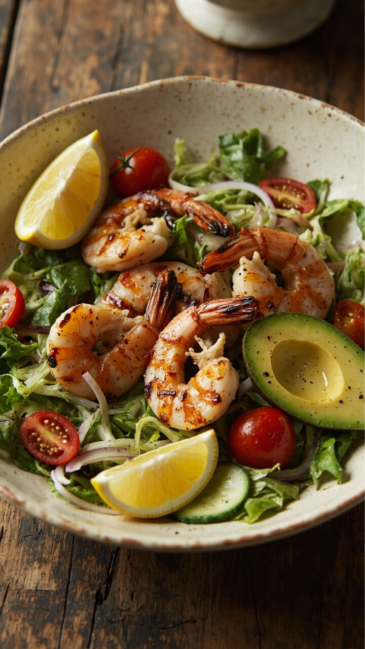 A wide, shallow ceramic bowl is piled with mixed greens, grilled shrimp, ripe avocado slices, cherry tomatoes, and thinly sliced cucumber, lightly drizzled with a lemon vinaigrette. Edges of the bowl show a sprinkle of black pepper and a wedge of lemon.