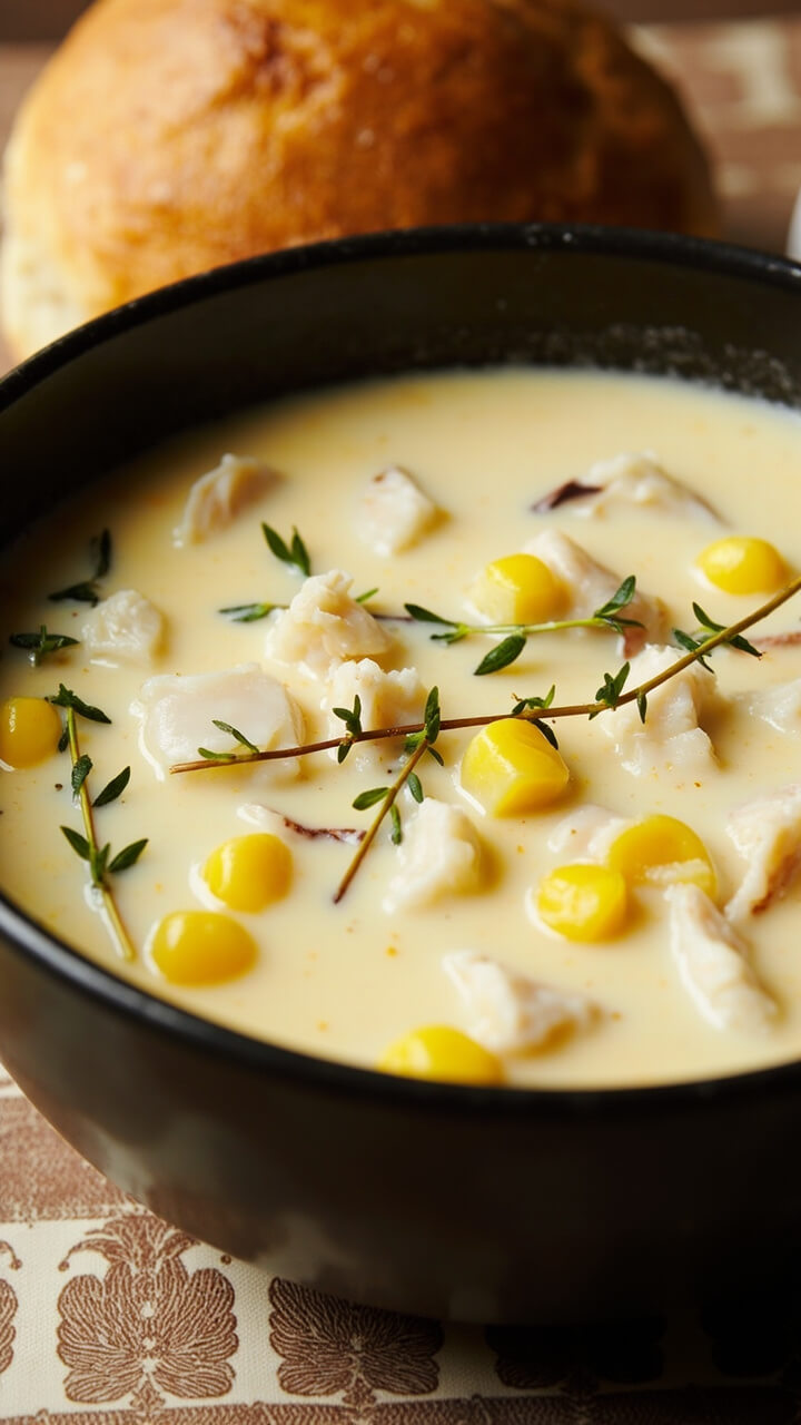 A deep bowl filled with creamy, pale white chowder, chunks of cod, diced potatoes, and yellow corn kernels visible. Fresh thyme sprigs float on top, with a crusty roll nearby and a patterned placemat underneath.