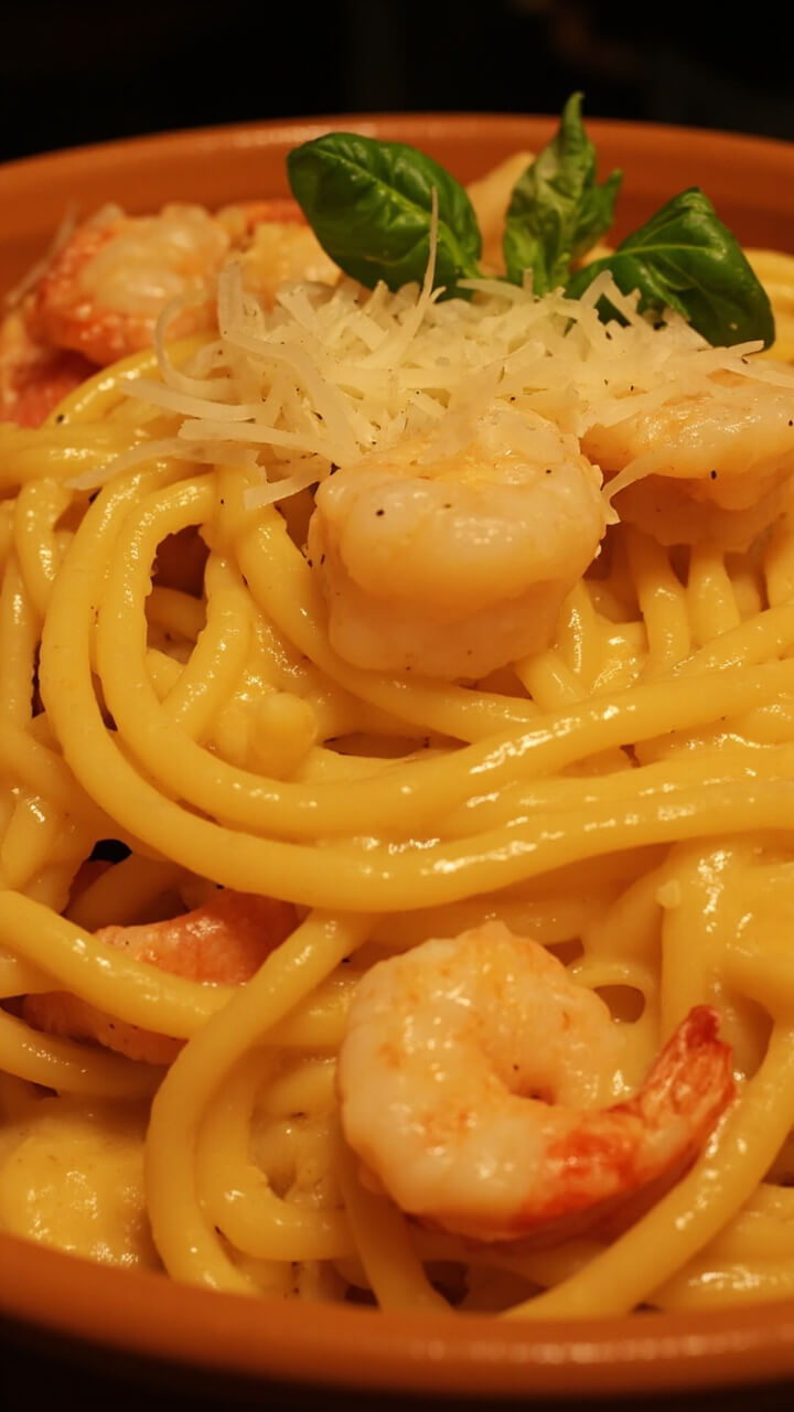 Linguine strands tangled with a pale, cheesy sauce, dotted with pink shrimp and saucy scallops, all nestled on a shallow ceramic bowl. A dusting of extra Parmesan and a sprig of basil decorate the top, with the shine of the sauce catching the light.
