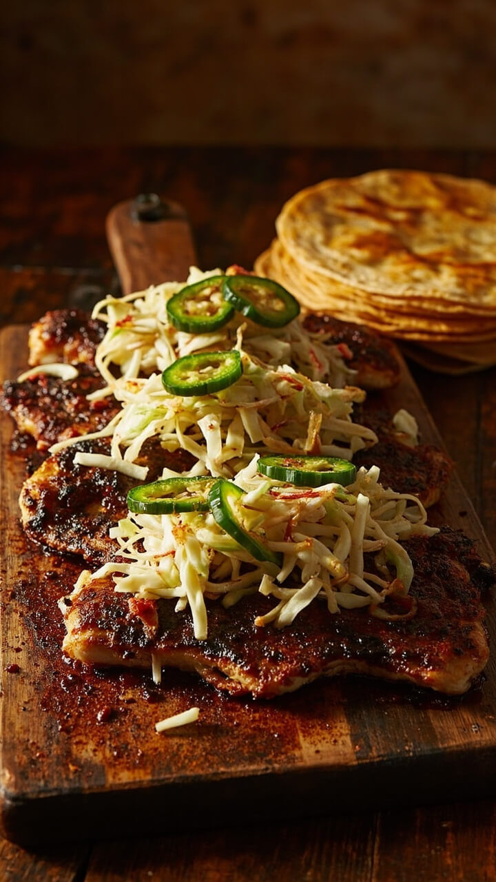 Deeply spiced, blackened catfish fillets on a rustic board, topped with shaved cabbage and jalapeno slices. Warm corn tortillas are stacked nearby, ready to make tacos.