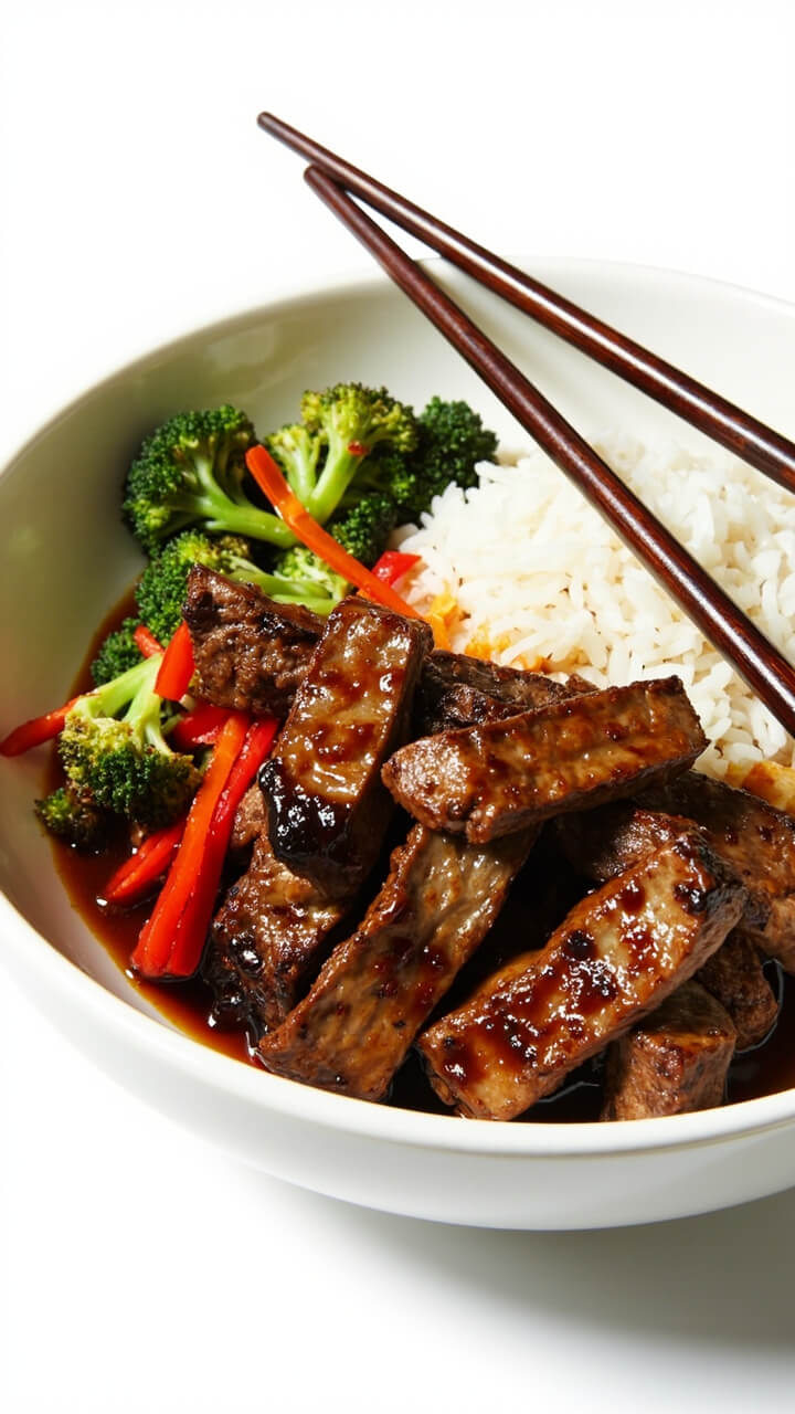 Sizzling strips of steak with broccoli florets, red bell pepper strips, and glossy ginger-soy sauce in a deep white bowl. Fluffy white rice fills half the bowl, and a pair of chopsticks rests on top.