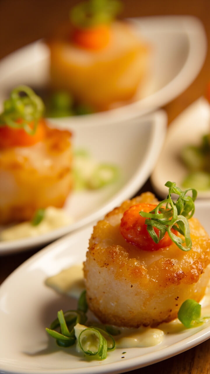 Small crisp-fried scallops coated in pale tempura batter sit on oval platters, each with a tiny dollop of spicy aioli and a scattering of thin green onions. Small crisp-fried scallops coated in pale tempura batter sit on oval platters, each with a tiny dollop of spicy aioli and a scattering of thin green onions.