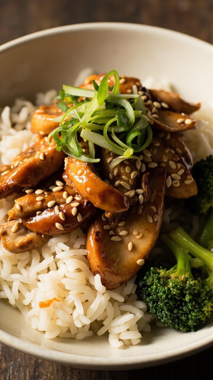 A deep bowl of sticky white rice topped with sliced chicken glazed in a shiny ginger soy sauce, scattered with sesame seeds and sliced green onions. Steamed broccoli florets nestle alongside.