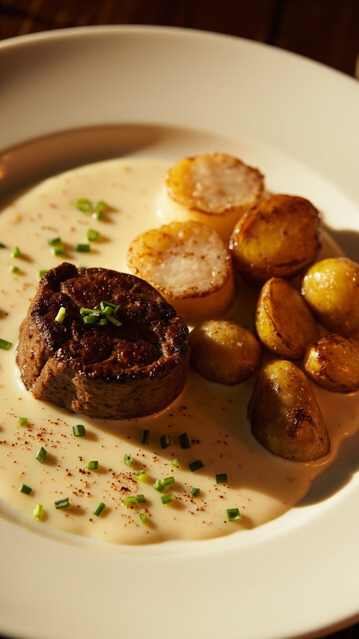 A white dinner plate with a tender filet mignon medallion and two golden scallops, spooned with a glossy white wine cream sauce. The plate is garnished with chives, cracked black pepper, and a few roasted fingerling potatoes. A white dinner plate with a tender filet mignon medallion and two golden scallops, spooned with a glossy white wine cream sauce. The plate is garnished with chives, cracked black pepper, and a few roasted fingerling potatoes.