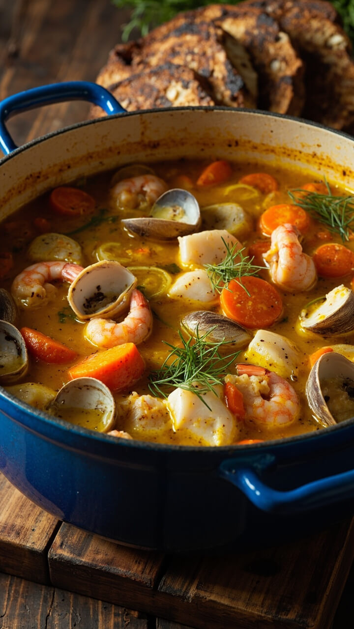 A large, round cobalt-blue Dutch oven filled with saffron-yellow broth, dotted with chunks of white fish, shrimp, clams, and orange rounds of carrot, garnished with fennel fronds and served alongside rustic slices of charred bread. A large, round cobalt-blue Dutch oven filled with saffron-yellow broth, dotted with chunks of white fish, shrimp, clams, and orange rounds of carrot, garnished with fennel fronds and served alongside rustic slices of charred bread.