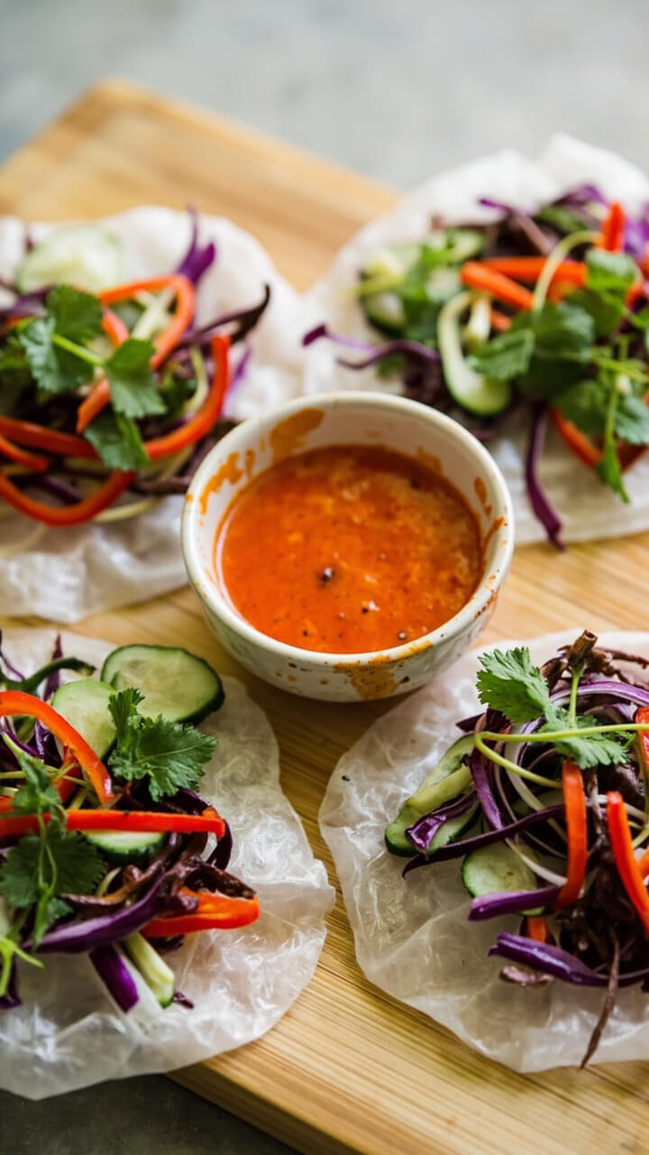 Four vibrant rice paper wraps, filled with strips of cucumber, red bell pepper, purple cabbage, and sprigs of mint and cilantro, are arranged on a round bamboo board. A small bowl of chili-lime dipping sauce sits in the center.