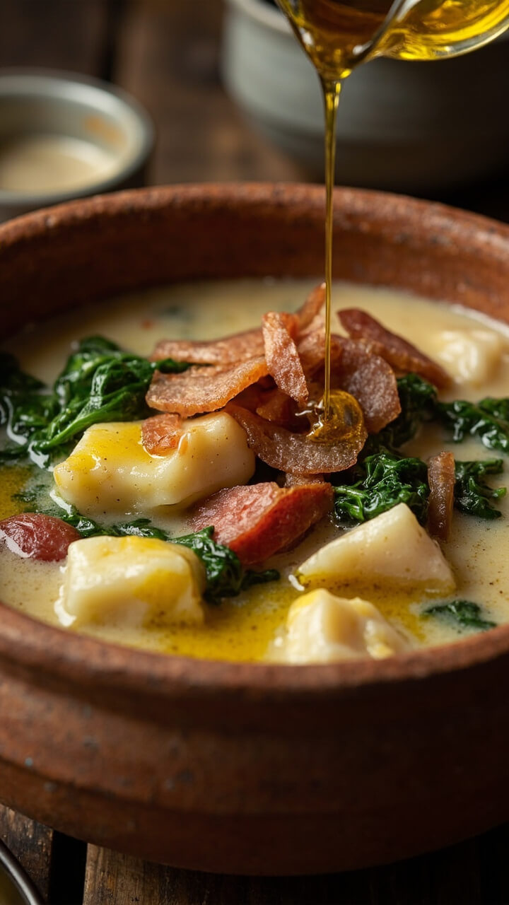 A rustic bowl brimming with pale potato and green kale-filled broth, large flakes of white cod, and thin sausage slices if you like. A drizzle of olive oil on top.