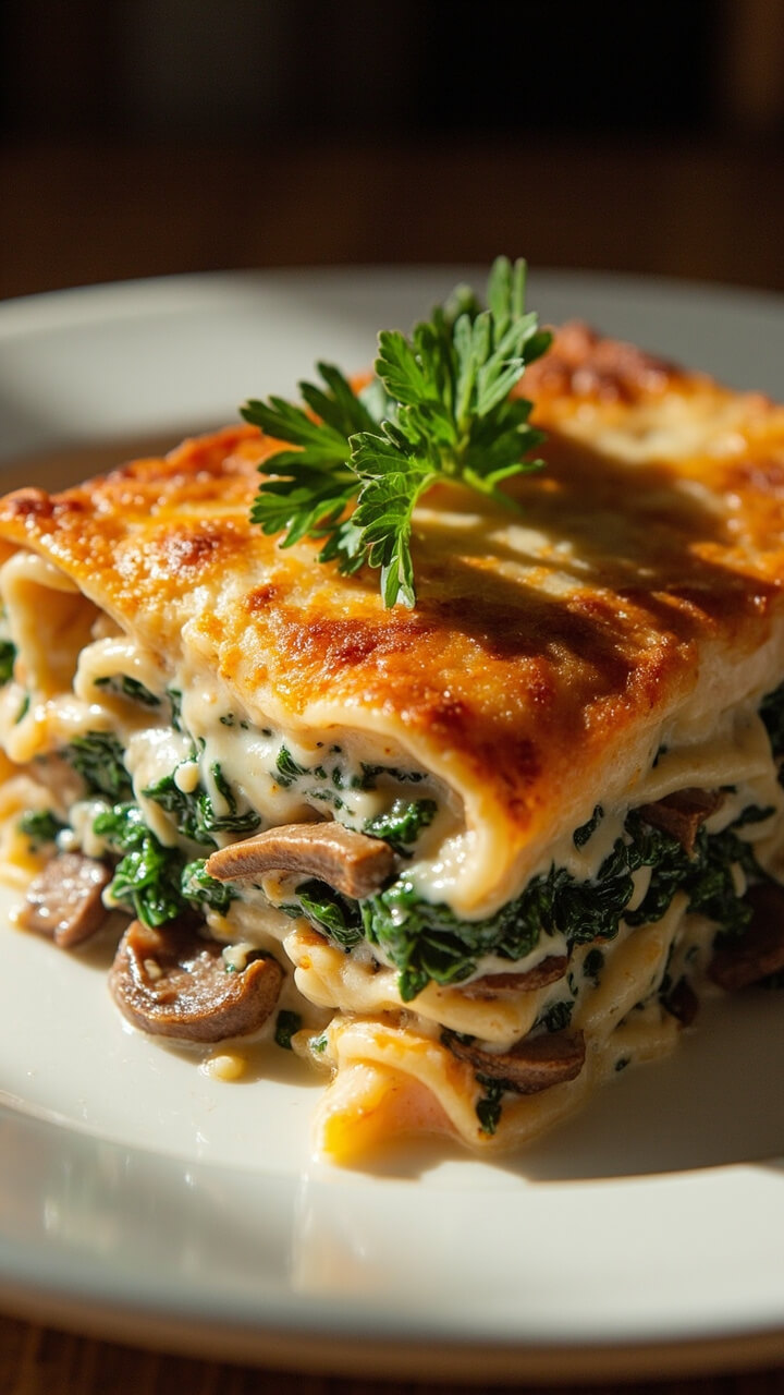 A generous slice of salmon lasagna layered with spinach, creamy sauce, mushrooms, and pasta sheets, golden brown on top, with a sprig of parsley on a white plate. A generous slice of salmon lasagna layered with spinach, creamy sauce, mushrooms, and pasta sheets, golden brown on top, with a sprig of parsley on a white plate.