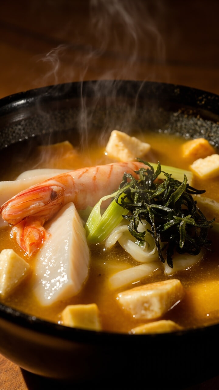 A deep Japanese soup bowl filled with clear golden miso broth, pieces of white fish, tiny pink shrimp, cubes of soft tofu, sliced scallions, and a sprinkle of seaweed.