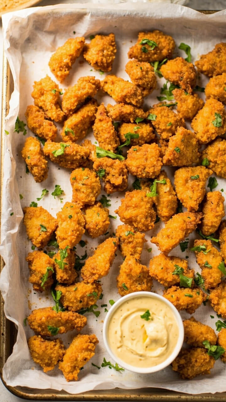 A parchment-lined baking sheet covered with crisp golden-brown catfish nuggets, sprinkled with fresh parsley, and a bowl of creamy remoulade sauce. A parchment-lined baking sheet covered with crisp golden-brown catfish nuggets, sprinkled with fresh parsley, and a bowl of creamy remoulade sauce.
