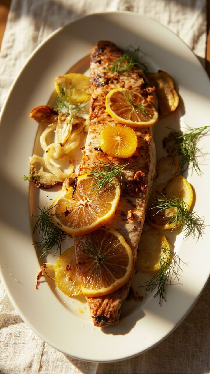 A whole roasted char fillet on a platter, topped with thin rounds of orange and lemon and slivers of roasted fennel bulb, sprinkled with fresh dill, set atop a linen runner. A whole roasted char fillet on a platter, topped with thin rounds of orange and lemon and slivers of roasted fennel bulb, sprinkled with fresh dill, set atop a linen runner.