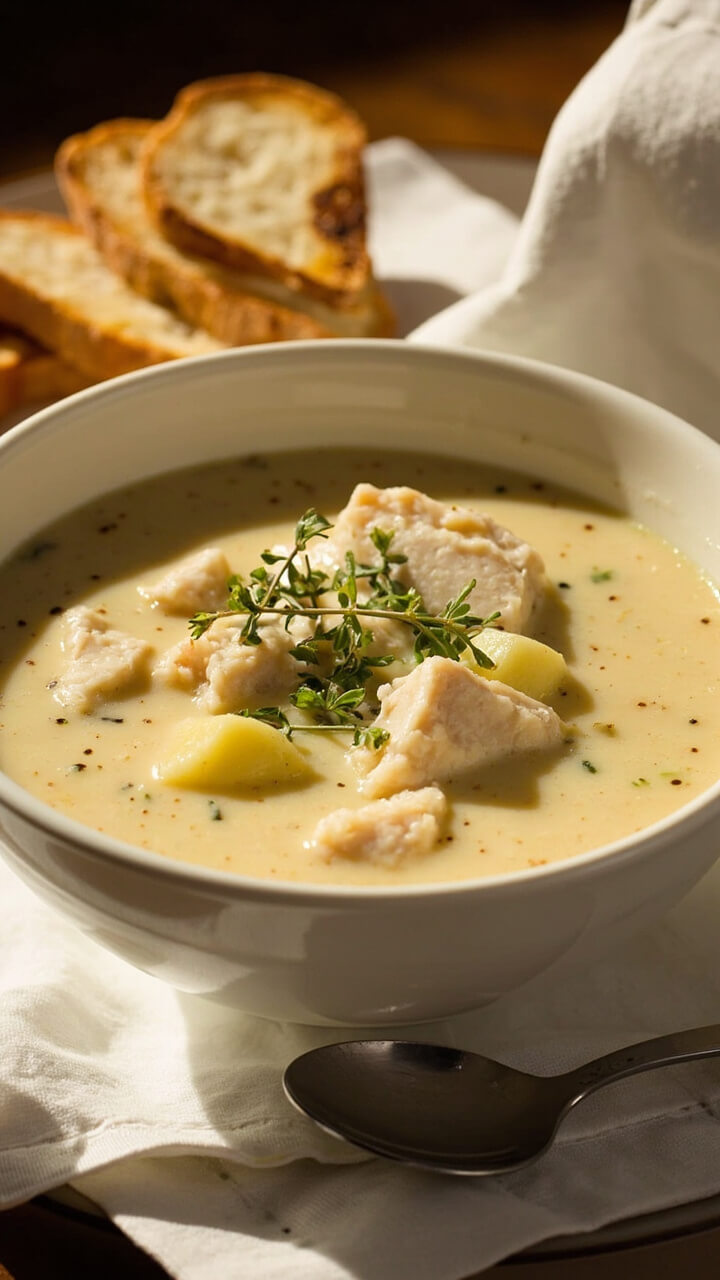 A creamy bowl of chowder topped with flakes of cod and diced potatoes, with a scattering of fresh chopped thyme floating on the surface. Slices of crusty bread sit alongside, and a soup spoon rests on a folded linen napkin.
