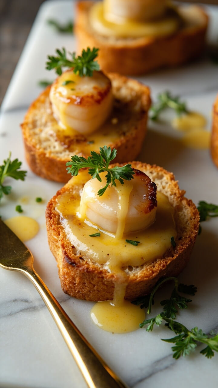 Thick golden-brown brioche toasts hold two scallops each, drenched in shimmering garlic butter and sprinkled with chopped parsley. Everything is laid on a marble board beside a gold-handled butter knife. Thick golden-brown brioche toasts hold two scallops each, drenched in shimmering garlic butter and sprinkled with chopped parsley. Everything is laid on a marble board beside a gold-handled butter knife.