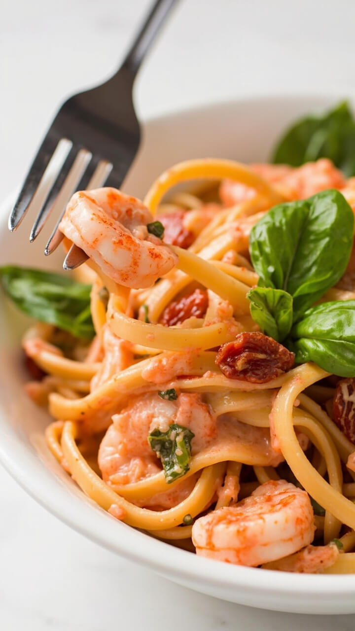 Linguine noodles lightly coated in rosy cream sauce, dotted with chopped sun-dried tomatoes and tender shrimp, served in a white shallow bowl. Bits of fresh basil are scattered on top, and a fork twirls pasta at the edge. Linguine noodles lightly coated in rosy cream sauce, dotted with chopped sun-dried tomatoes and tender shrimp, served in a white shallow bowl. Bits of fresh basil are scattered on top, and a fork twirls pasta at the edge.