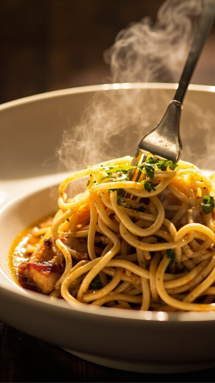 Ramen noodles glistening in a light garlic-butter sauce, pan-seared chicken chunks, with parsley and a little lemon zest sprinkled over. Served in shallow white bowls, a fork twirled into the nest of noodles. Ramen noodles glistening in a light garlic-butter sauce, pan-seared chicken chunks, with parsley and a little lemon zest sprinkled over. Served in shallow white bowls, a fork twirled into the nest of noodles.