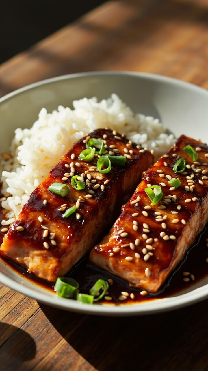 Salmon fillets glazed with a soy-teriyaki sauce, sticky and caramelized. Sprinkled with toasted sesame seeds and chopped scallions, served beside steamed white rice in a shallow bowl.