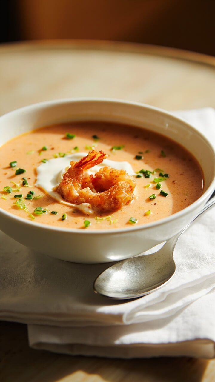 A wide white soup bowl filled with silky peach-colored bisque, topped with a swirl of cream and two sautéed shrimp, garnished with a sprinkle of chives, placed on a linen napkin with a silver spoon.