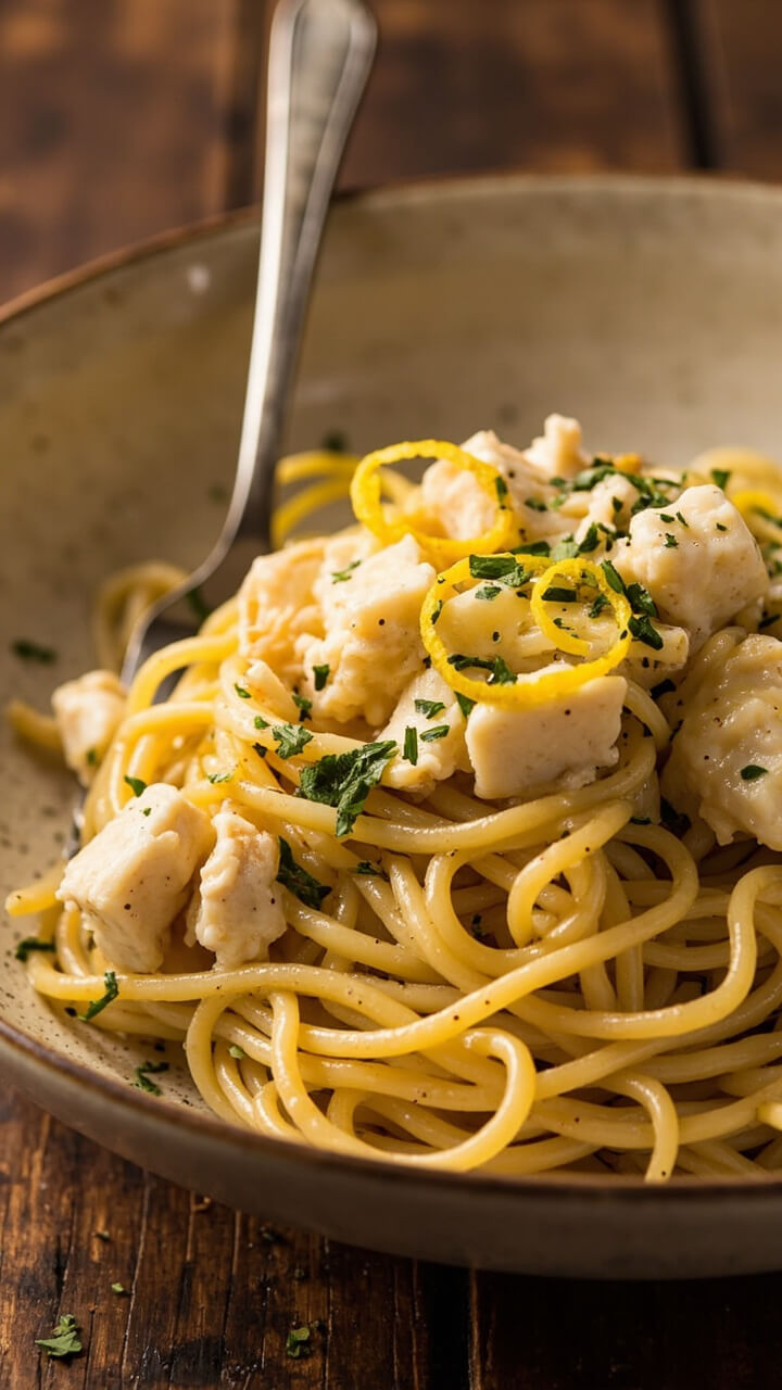 A wide shallow bowl filled with al dente linguine tossed in glistening garlic butter, topped with generous flakes of lump crab meat, flecks of chopped parsley, and thin lemon zest curls. There’s a serving fork twirled into the pasta. A wide shallow bowl filled with al dente linguine tossed in glistening garlic butter, topped with generous flakes of lump crab meat, flecks of chopped parsley, and thin lemon zest curls. There’s a serving fork twirled into the pasta.