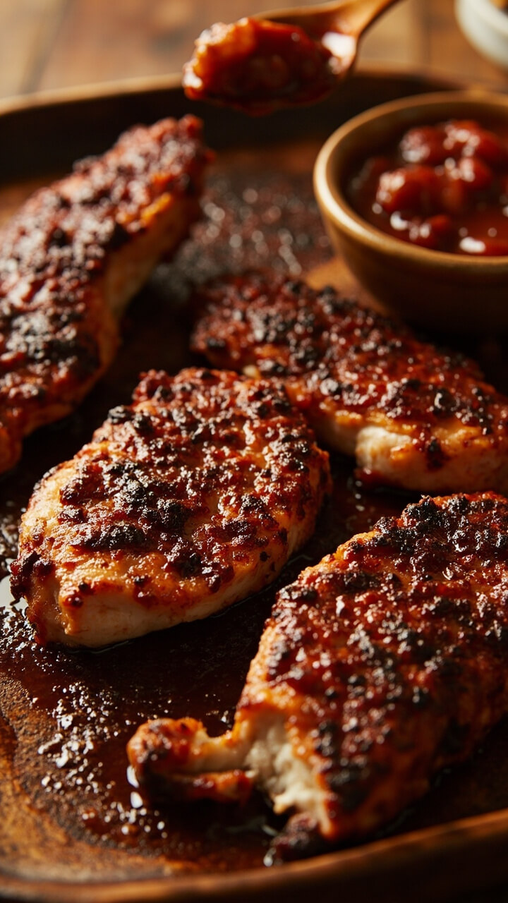 Catfish fillets dusted with dark BBQ seasoning, baked until just caramelized, served on a wooden platter with a small bowl of barbecue sauce for drizzling and a spoonful of baked beans on the side.