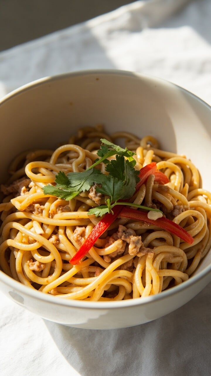 A round white bowl filled with glossy ramen noodles in a light tan peanut sauce, scattered crushed peanuts, thin strips of red bell pepper, and a little cilantro on top, set on a simple white tablecloth.