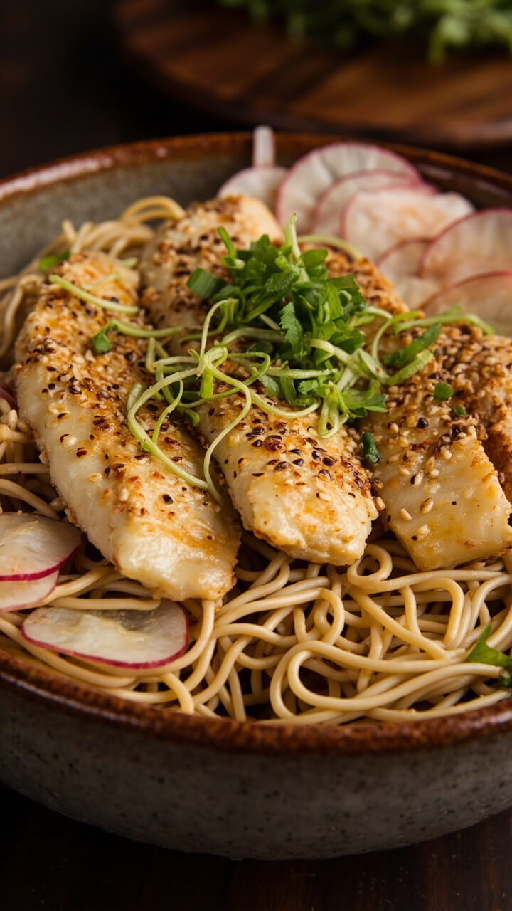 A deep round bowl with a nest of soba noodles, topped by two sesame-seed encrusted tilapia fillets, scattered with chopped scallions and a squeeze of lime. Slices of radish add color to the plate. A deep round bowl with a nest of soba noodles, topped by two sesame-seed encrusted tilapia fillets, scattered with chopped scallions and a squeeze of lime. Slices of radish add color to the plate.