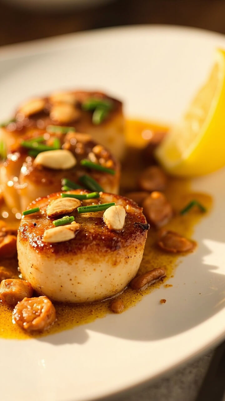A simple white plate showcasing golden-seared scallops nestled in a pool of brown butter, with toasted almonds sprinkled on top, finished with chopped chives and a wedge of lemon on the side. A simple white plate showcasing golden-seared scallops nestled in a pool of brown butter, with toasted almonds sprinkled on top, finished with chopped chives and a wedge of lemon on the side.