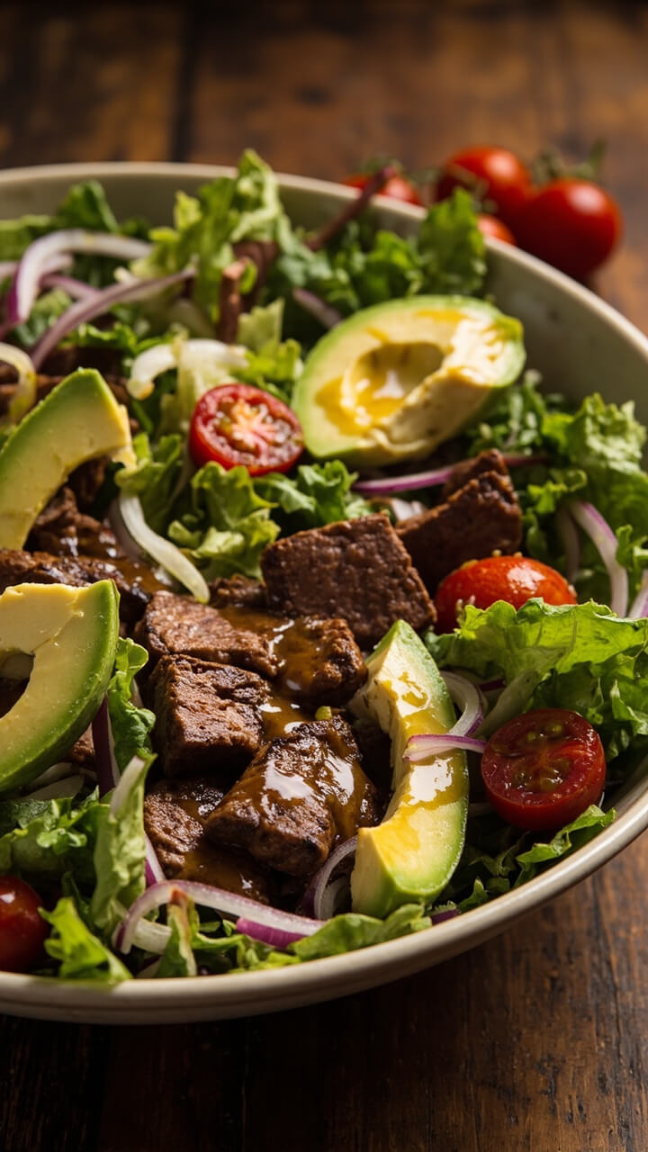 A large shallow bowl layered with mixed greens, slices of rosy skirt steak, creamy avocado wedges, halved cherry tomatoes, and thinly sliced red onion, drizzled with vinaigrette. A large shallow bowl layered with mixed greens, slices of rosy skirt steak, creamy avocado wedges, halved cherry tomatoes, and thinly sliced red onion, drizzled with vinaigrette.