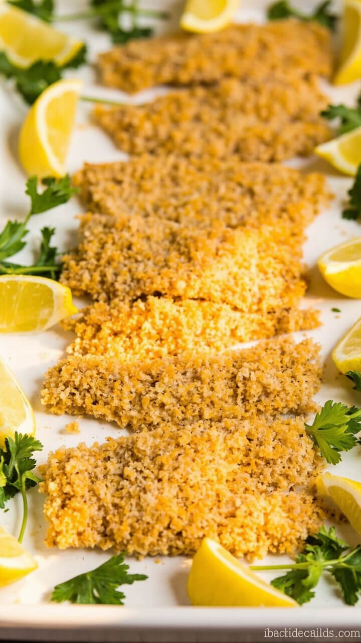 Light golden tilapia fillets coated in a crispy, textured breadcrumb-Parmesan crust, arranged in a staggered row on a white tray. Sprigs of parsley and a handful of lemon wedges at the edges.
