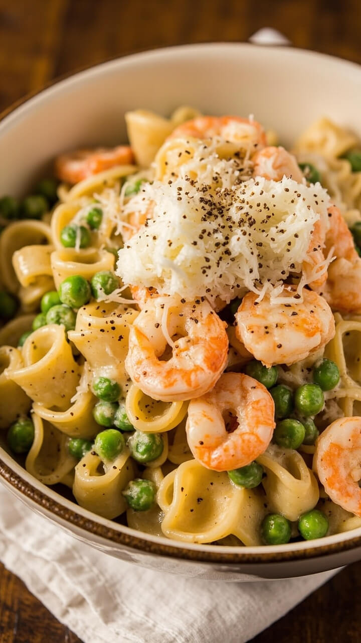 A cheerful bowl piled with small shell pasta blanketed in creamy sauce, tossed with bright green peas and pink shrimp. The bowl is topped with grated parmesan and fresh cracked pepper, and sits on a simple napkin-covered table. A cheerful bowl piled with small shell pasta blanketed in creamy sauce, tossed with bright green peas and pink shrimp. The bowl is topped with grated parmesan and fresh cracked pepper, and sits on a simple napkin-covered table.