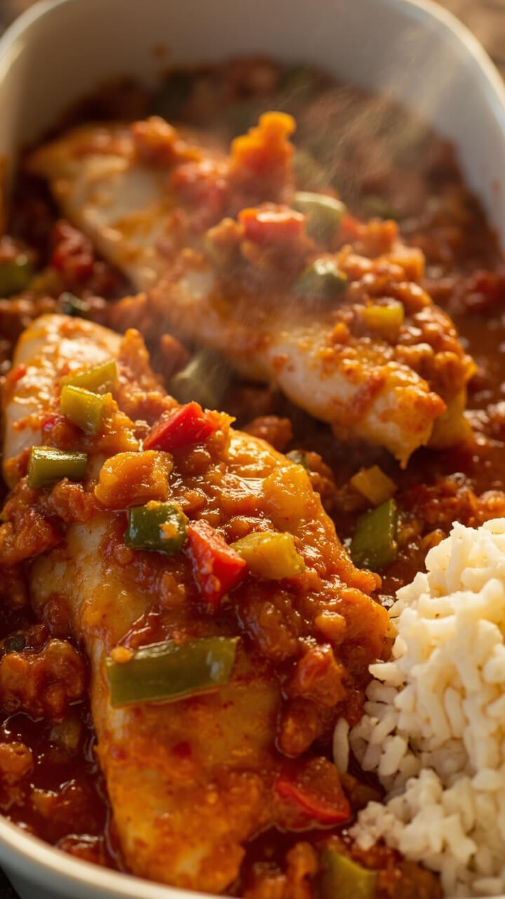 Catfish fillets smothered in a chunky red Creole sauce with bell pepper, celery, and diced tomatoes, served in a deep white casserole with a scoop of fluffy white rice on the side.
