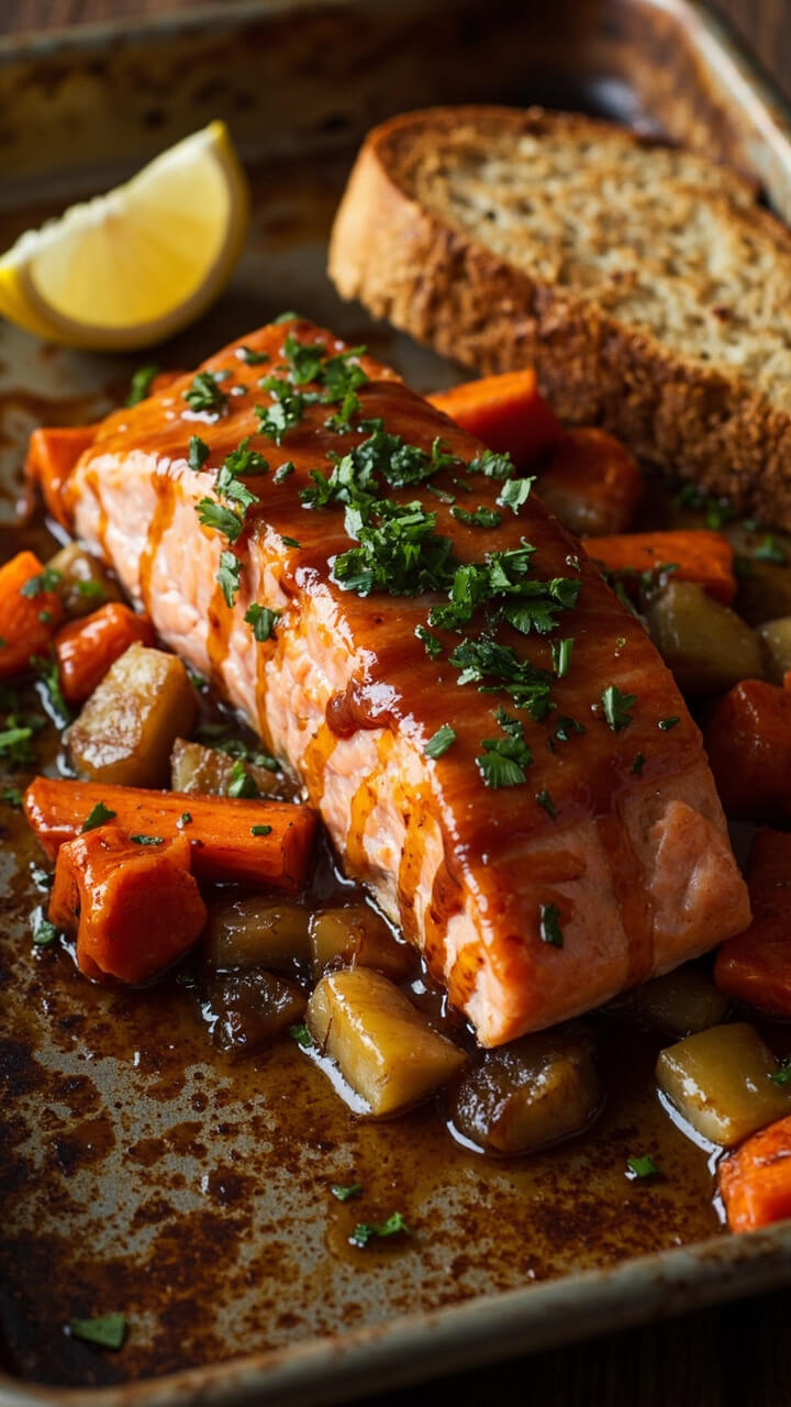 Thick salmon fillets glazed in a shiny maple-Dijon sauce resting atop roasted carrots and parsnips on a rustic baking sheet, sprinkled with parsley, served with wedges of lemon and a side of crusty bread. Thick salmon fillets glazed in a shiny maple-Dijon sauce resting atop roasted carrots and parsnips on a rustic baking sheet, sprinkled with parsley, served with wedges of lemon and a side of crusty bread.