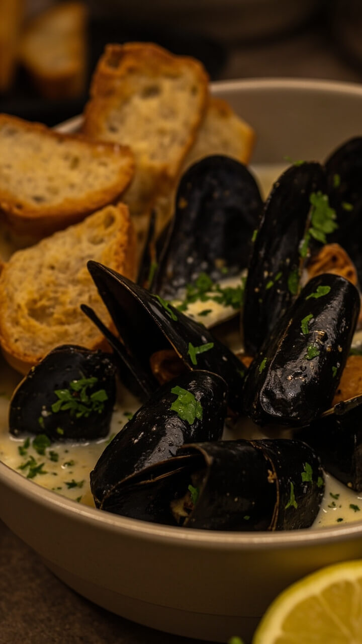 Black mussels in shiny shells nestled in a creamy, pale sauce with flecks of green parsley, all served in a deep ceramic bowl. Bread slices and a lemon wedge rest beside the bowl.