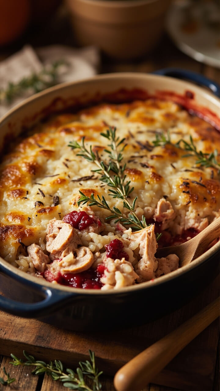 A ceramic casserole dish with a golden, slightly crisped top, filled with grains of rice, chunks of turkey, and spots of crimson cranberry peeking through. Fresh thyme and a wooden spoon at the ready.