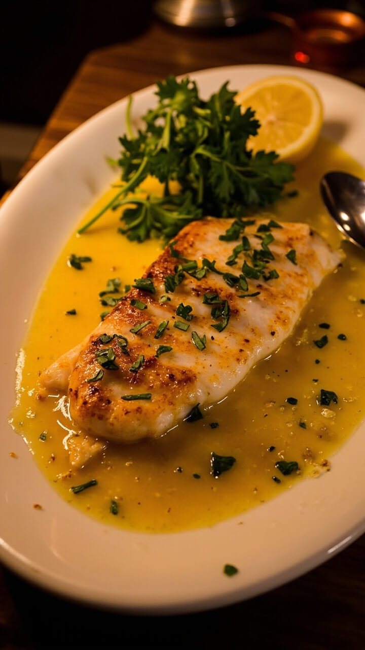 Catfish fillets with a glistening, golden garlic butter melted over the top, served on a white oval platter. A sprinkle of fresh chopped parsley and a lemon wedge add color. A serving spoon rests nearby.