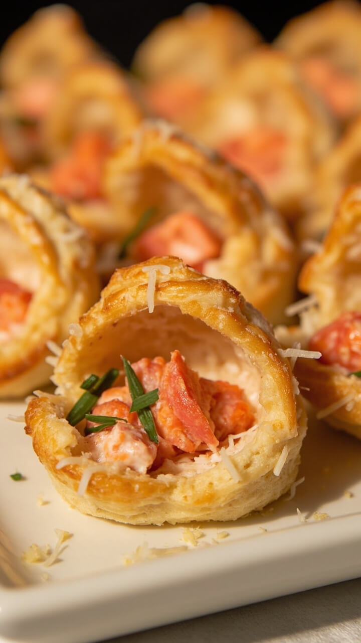 Small round pies with crimped golden crusts, the edges dusted with Parmesan, split open to show creamy pink filling with lobster chunks and herbs, set on a white platter. Small round pies with crimped golden crusts, the edges dusted with Parmesan, split open to show creamy pink filling with lobster chunks and herbs, set on a white platter.