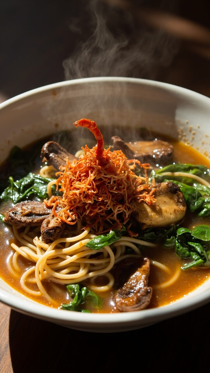 Rich tan sesame broth, tangled ramen noodles, wilted spinach, roasted shiitake mushrooms, and a spoonful of chili crisp swirled on top in a white soup bowl. Rich tan sesame broth, tangled ramen noodles, wilted spinach, roasted shiitake mushrooms, and a spoonful of chili crisp swirled on top in a white soup bowl.
