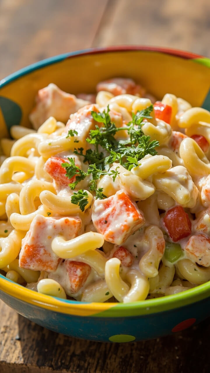 Light macaroni salad with elbow pasta, lobster chunks, chopped celery, red pepper, and parsley in a creamy dressing, served in a colorful serving bowl with a sprinkle of fresh parsley on top.